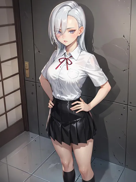 a woman in a short skirt and white shirt posing for a picture, girl with short white hair, kantai collection style, female anime character, official character art, perfect white haired girl, girl with white hair, with short bobbed white hair, anime moe artstyle, from girls frontline, dramatic smirk pose, a hyperrealistic , white haired lady