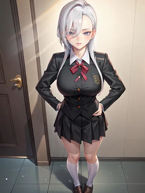 (extremely detailed CG), (best quality), 1girl, perfect face,  shiny skin, lustrous skin, wide hips, narrow waist,  , <lora:KawaiRami-10:0.7> KawaiRami, mole under eye, hair between eyes,grey eyes,eyes visible through hair, white hair, school uniform, black skirt, full body,
