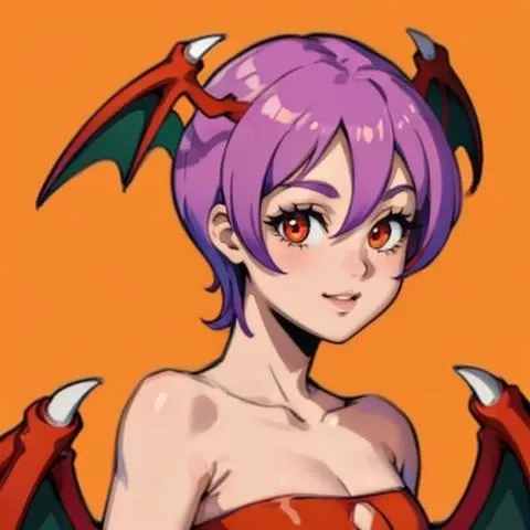 masterpiece, best quality, solo, smile, 1girl, looking at viewer,  <lora:Fire-emblem-Nes-portarits_Fp:1>, simple background, portrait, orange background, <lora:Lillithnewtest:1>, lilith, red leotard, head wings