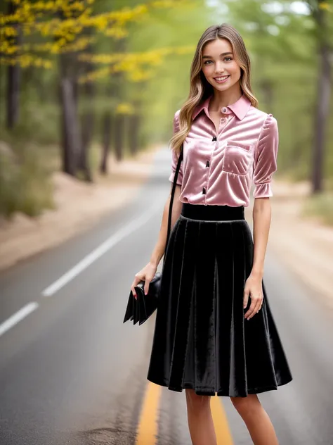 ((distant full body shot)) of a girl that looks like a mixture of Miranda Kerr and Christy Turlington, ((( wearing an unbuttoned ornately detailed pink and black blouse and a black velvet skirt))), (standing), ((on the Ozark trail of Route 66 with lots of light bloom)), staring at camera lovingly, (smiling), (skin pores), wet hair, long hair, (tan skin), (f1.8 short focus bokeh), focus on eyes