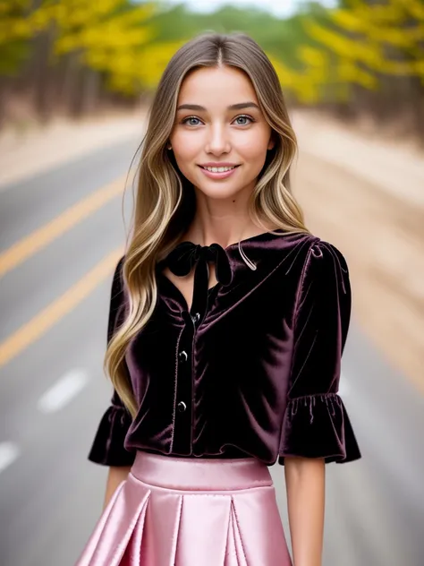 ((distant full body shot)) of a girl that looks like a mixture of Miranda Kerr and Christy Turlington, ((( wearing an unbuttoned ornately detailed pink and black blouse and a black velvet skirt))), (standing), ((on the Ozark trail of Route 66 with lots of light bloom)), staring at camera lovingly, (smiling), (skin pores), wet hair, long hair, (tan skin), (f1.8 short focus bokeh), focus on eyes