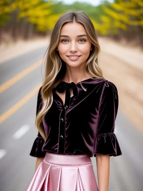 ((distant full body shot)) of a girl that looks like a mixture of Miranda Kerr and Christy Turlington, ((( wearing an unbuttoned ornately detailed pink and black blouse and a black velvet skirt))), (standing), ((on the Ozark trail of Route 66 with lots of light bloom)), staring at camera lovingly, (smiling), (skin pores), wet hair, long hair, (tan skin), (f1.8 short focus bokeh), focus on eyes