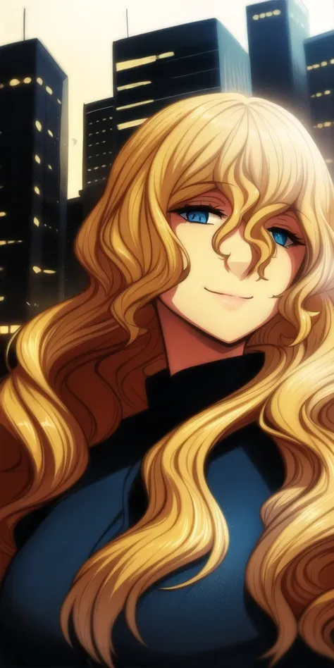 realistic, beautiful, <lora:steampunkengis_katawashoujo_lillysatou:1>, 1woman, solo, smiling, facing side, facing left, long blonde hair, hair behind back, curly hair, blue eyes, dead eyes, city in background, portrait