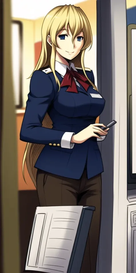 realistic, beautiful, <lora:steampunkengis_katawashoujo_lillysatou:0.8>, 1woman, solo, smiling, long blonde hair, blue eyes, uniform, store clerk, convenience store, cash register