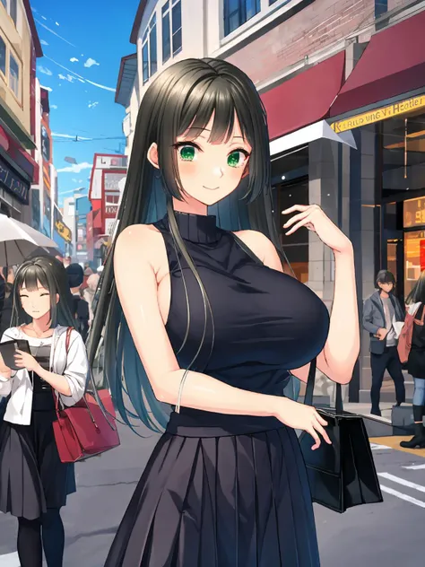 masterpiece,best quality,highres,cinematic lighting,dramatic angle,<lora:SakuraKyoukaV2-000007:0.8>,1girl,kyouka,black hair,green eyes,handbag,happy,shy,streetscape,crowd,shops,pink sleeveless shirt,turtleneck,high-wasit black skirt,huge breasts,portrait