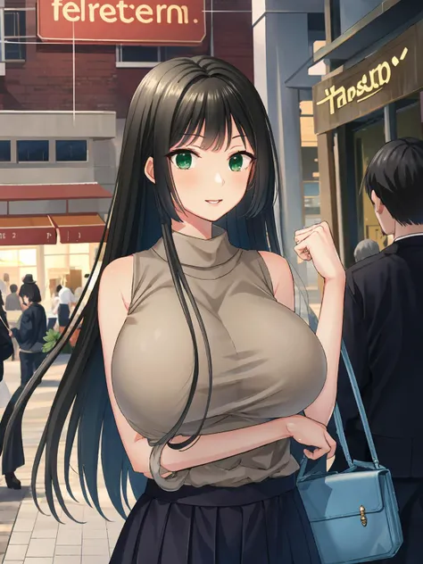 masterpiece,best quality,highres,cinematic lighting,dramatic angle,<lora:SakuraKyoukaV2-000007:0.8>,1girl,kyouka,black hair,long hair,green eyes,handbag,happy,shy,streetscape,crowd,shops,brown sweater,sleeveless,turtleneck,high-wasit black skirt,huge breasts,portrait,looking at viewer,depth of field