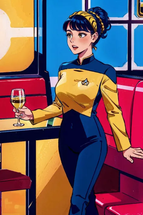 woman in yellow and black s3stngunf uniform,in a restaurant<lora:TNGS3Standalone:0.8>