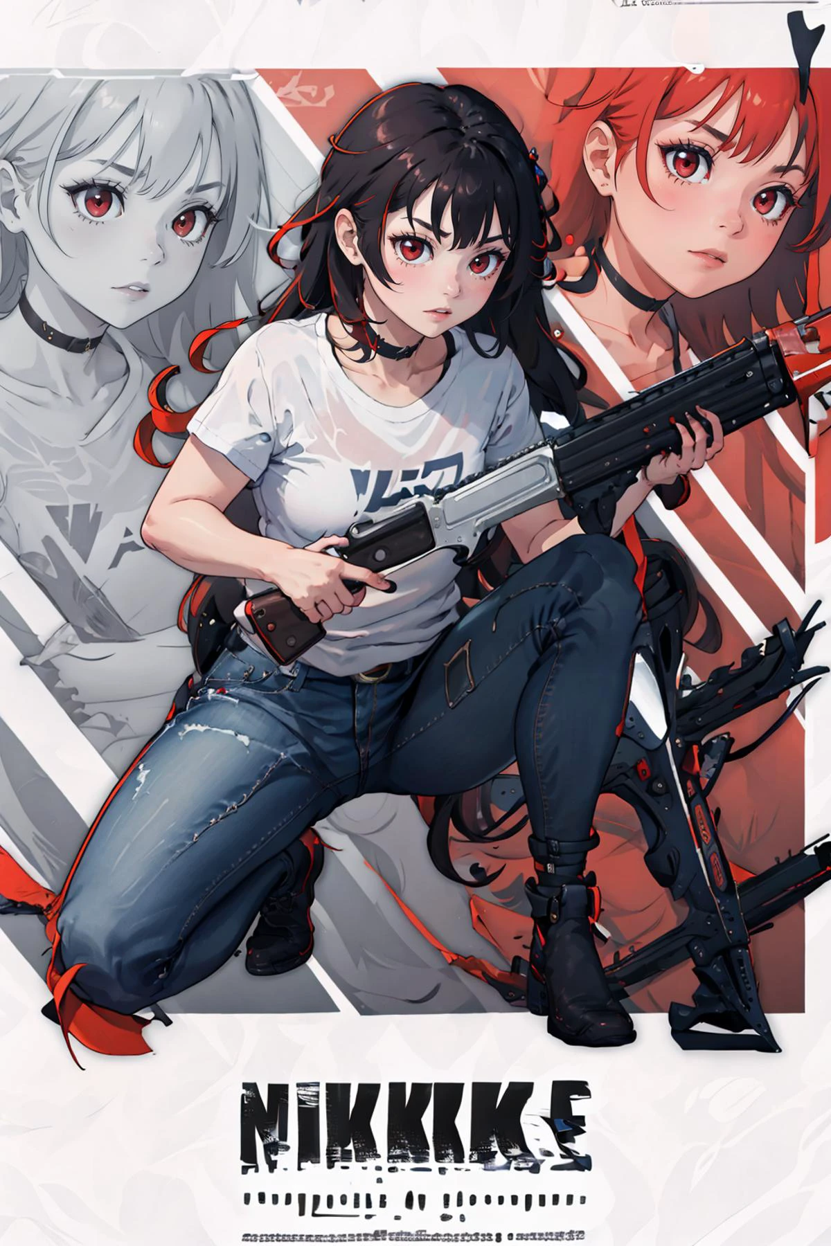 masterpiece, best quality, <lora:NikkeProfile:1> IncrsNikkeProfile, full body, zoom layer, holding weapon, holding gun, one knee <lora:Nevin:0.8> Nevin, red eyes, white shirt