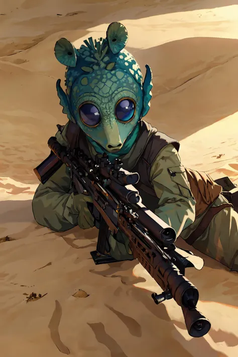 masterpiece, 1girl,rodian alien,solo,laying on sand,desert,aiming sniper rifle at viewer,hill, dappled sunlight,dynamic <lora:GoodHands-beta2:0.3> <lora:add_detail:0.3><lora:RodiantestSkin1:0.8>