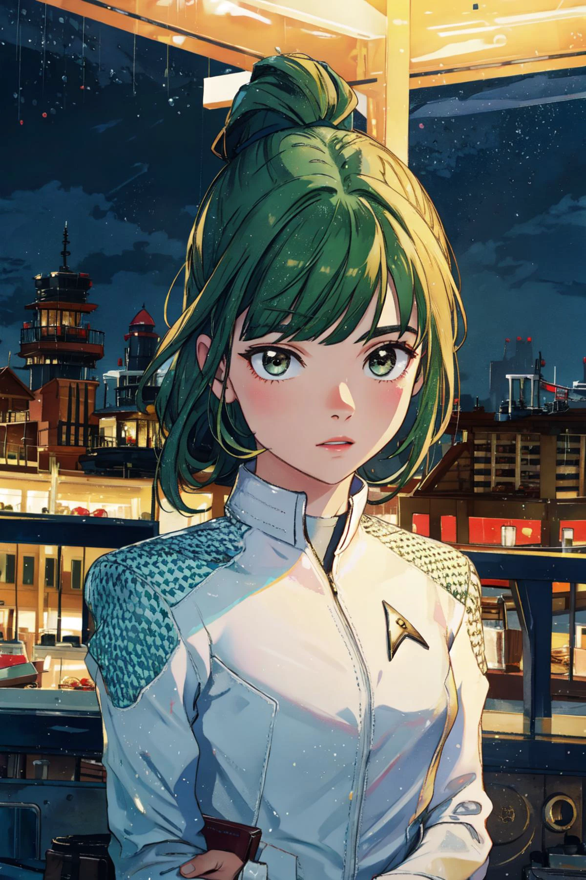 vibrant colors, girl, masterpiece, sharp focus, best quality, depth of field, cinematic lighting, hair bun, green hair, brown eyes, (snwnrs white uniform:1.2), city,roof, bright smile, night sky,<lora:more_details:0.5> <lora:snwnrsV8-000024:0.8>