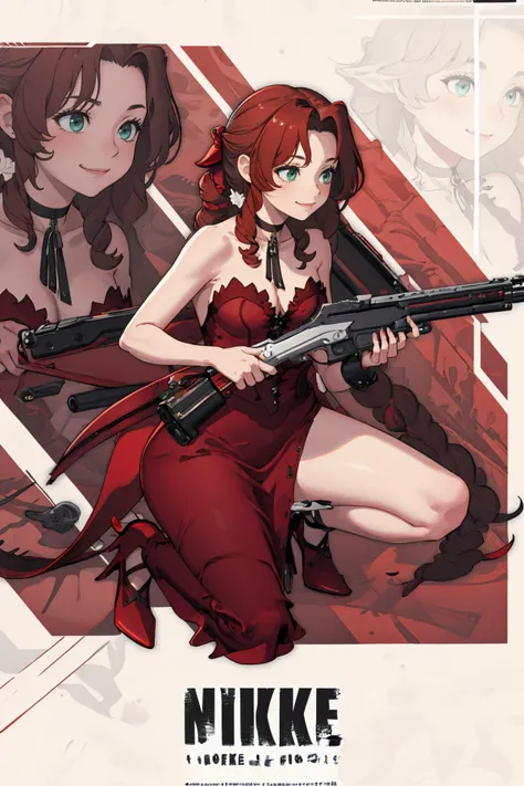 masterpiece, best quality, <lora:NikkeProfile:1> IncrsNikkeProfile, full body, zoom layer, holding weapon, holding gun, one knee <lora:aerith-nvwls-v1-final:0.8> aerith gainsborough, choker, strapless red dress, high heels, closed mouth, gentle smile,