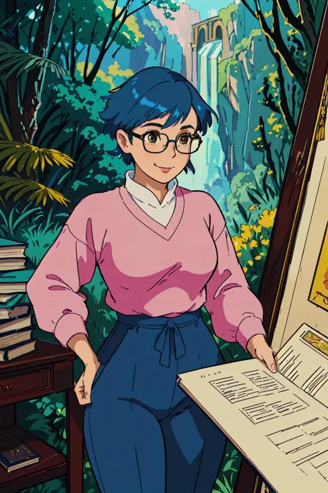 1girl, cute, upper body, masterpiece, best quality, yellow glasses, pink sweater, green pants, brown eyes, (blue hair), (short hair), smile, forest, looking at viewer, holding book, deep focus, intricate, elegant, highly detailed, digital painting, artstation, concept art, matte, sharp focus, illustration, hearthstone, art by artgerm and greg rutkowski and alphonse mucha, <lora:GoodHands-beta2:0.4>
 <lora:ghibli_style_offset:0.8> ghibli style