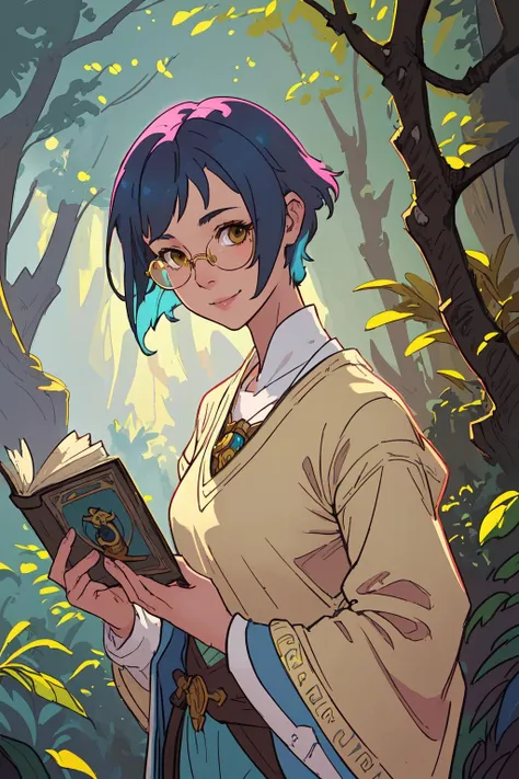 1girl, cute, upper body, masterpiece, best quality, yellow glasses, pink sweater, green pants, brown eyes, (blue hair), (short hair), smile, forest, looking at viewer, holding book, deep focus, d & d, fantasy, intricate, elegant, highly detailed, digital painting, artstation, concept art, matte, sharp focus, illustration, hearthstone, art by artgerm and greg rutkowski and alphonse mucha <lora:GoodHands-beta2:0.4>