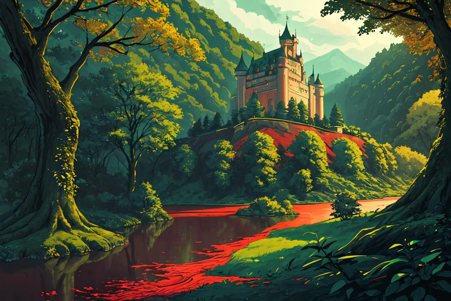 castle, lush green forest, AND
(blood-river), red river,
BREAK landscape, high detail, 8k, <lora:add_detail:0.3>