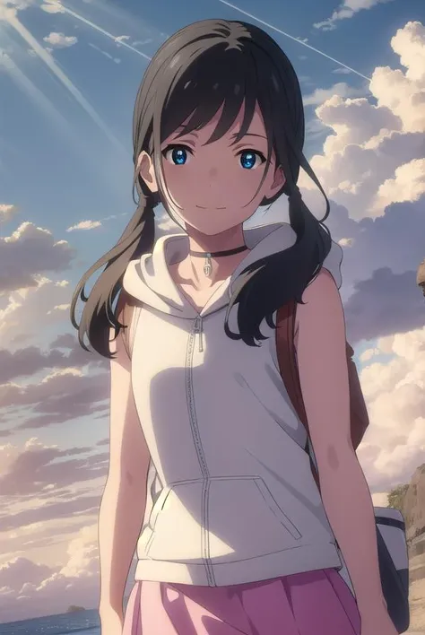 hinaamano, <lora:hina amano movie-lora-nochekaiser:1>,
hina amano, black hair, twintails, blue eyes, smile,
BREAK skirt, jacket, sleeveless, choker, hood, bag, hoodie, white jacket, backpack, hood down, hooded jacket, pink skirt, sleeveless jacket, sleeveless hoodie,
BREAK outdoors, sky, day, cloud, sunlight, cloudy sky, wind, light rays,
BREAK looking at viewer, (cowboy shot:1.5),
BREAK <lyco:GoodHands-beta2:1>, (masterpiece:1.2), best quality, high resolution, unity 8k wallpaper, (illustration:0.8), (beautiful detailed eyes:1.6), extremely detailed face, perfect lighting, extremely detailed CG, (perfect hands, perfect anatomy),
