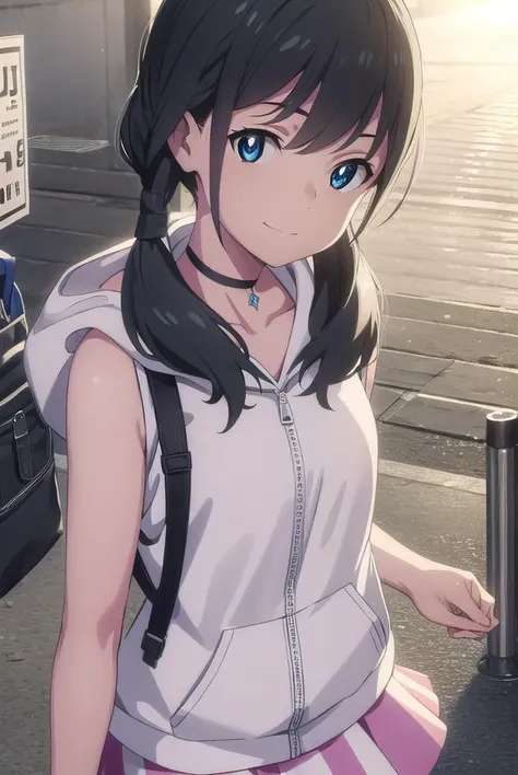 hinaamano, <lora:hina amano movie-lora-nochekaiser:1>,
hina amano, black hair, twintails, blue eyes, smile,
BREAK skirt, jacket, sleeveless, choker, hood, bag, hoodie, white jacket, backpack, hood down, hooded jacket, pink skirt, sleeveless jacket, sleeveless hoodie,
BREAK outdoors, sky, day, cloud, sunlight, cloudy sky, wind, light rays,
BREAK looking at viewer, (cowboy shot:1.5),
BREAK <lyco:GoodHands-beta2:1>, (masterpiece:1.2), best quality, high resolution, unity 8k wallpaper, (illustration:0.8), (beautiful detailed eyes:1.6), extremely detailed face, perfect lighting, extremely detailed CG, (perfect hands, perfect anatomy),