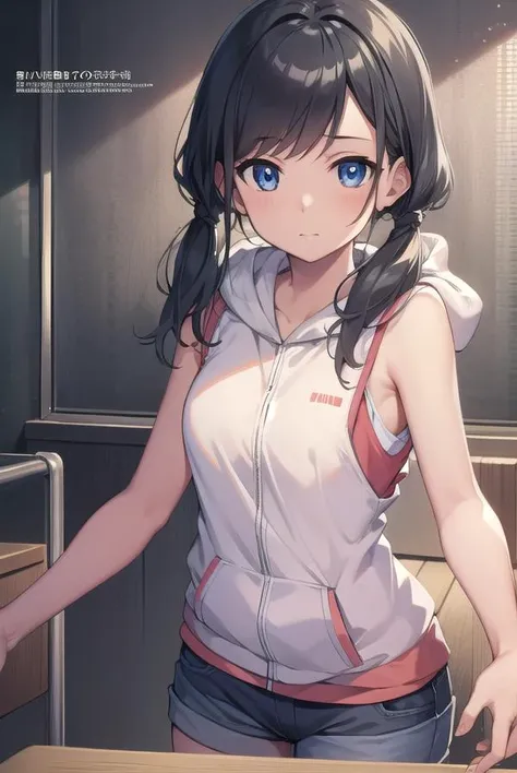 hinaamano, <lora:hinaamanotest:1>,
hina amano, black hair, blue eyes, long hair, low twintails, twintails, (small breast:1.2),
BREAK boots, hood, hood down, hooded vest, hoodie, rubber boots, short shorts, shorts, sleeveless, vest, white footwear, white vest,
BREAK looking at viewer,
BREAK indoors, classroom,
BREAK <lora:GoodHands-vanilla:1>, (masterpiece:1.2), best quality, high resolution, unity 8k wallpaper, (illustration:0.8), (beautiful detailed eyes:1.6), extremely detailed face, perfect lighting, extremely detailed CG, (perfect hands, perfect anatomy),