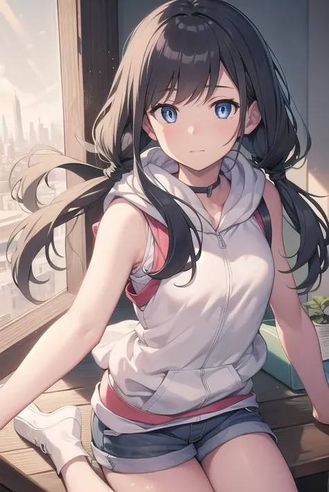 hinaamano, <lora:hinaamanotest:1>,
hina amano, black hair, blue eyes, long hair, low twintails, twintails, (small breast:1.2),
BREAK boots, hood, hood down, hooded vest, hoodie, rubber boots, short shorts, shorts, sleeveless, vest, white footwear, white vest,
BREAK looking at viewer,
BREAK indoors, classroom,
BREAK <lora:GoodHands-vanilla:1>, (masterpiece:1.2), best quality, high resolution, unity 8k wallpaper, (illustration:0.8), (beautiful detailed eyes:1.6), extremely detailed face, perfect lighting, extremely detailed CG, (perfect hands, perfect anatomy),
