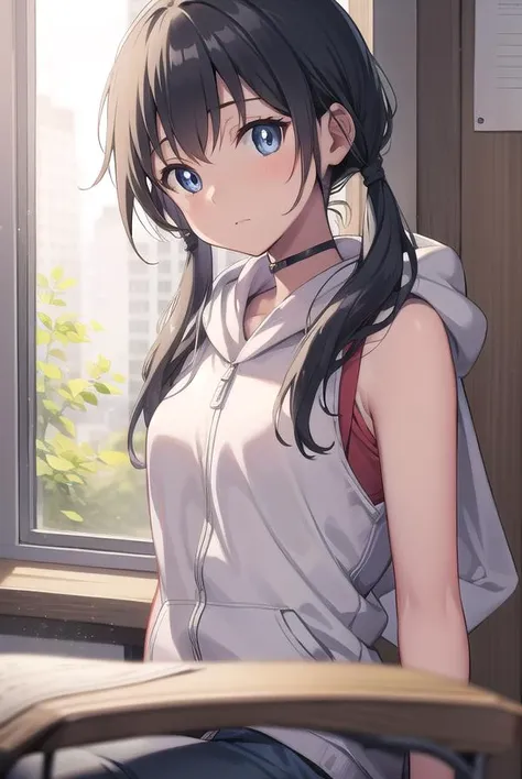 hinaamano, <lora:hinaamanotest:1>,
hina amano, black hair, blue eyes, long hair, low twintails, twintails, (small breast:1.2),
BREAK boots, hood, hood down, hooded vest, hoodie, rubber boots, short shorts, shorts, sleeveless, vest, white footwear, white vest,
BREAK looking at viewer,
BREAK indoors, classroom,
BREAK <lora:GoodHands-vanilla:1>, (masterpiece:1.2), best quality, high resolution, unity 8k wallpaper, (illustration:0.8), (beautiful detailed eyes:1.6), extremely detailed face, perfect lighting, extremely detailed CG, (perfect hands, perfect anatomy),