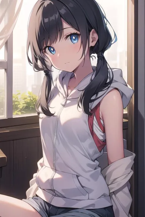 hinaamano, <lora:hinaamanotest:1>,
hina amano, black hair, blue eyes, long hair, low twintails, twintails, (small breast:1.2),
BREAK boots, hood, hood down, hooded vest, hoodie, rubber boots, short shorts, shorts, sleeveless, vest, white footwear, white vest,
BREAK looking at viewer,
BREAK indoors, classroom,
BREAK <lora:GoodHands-vanilla:1>, (masterpiece:1.2), best quality, high resolution, unity 8k wallpaper, (illustration:0.8), (beautiful detailed eyes:1.6), extremely detailed face, perfect lighting, extremely detailed CG, (perfect hands, perfect anatomy),