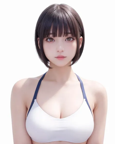 best quality, photorealistic, 8k, high res, 1girl, woman, (skindentation), (portrait:0.6), gorgeous, ((whitebackground, sport bra, small breast:1.65)), (short hair, parted bangs:1.6), looking at viewer,  (1girl eyes looking at viewer:1.6), photorealistic, (bokeh), (smile:1.3), gorgeous, pureerosface_v1:1, <lora:grav-nagi:0.45>