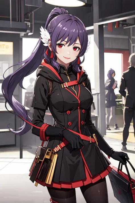 Masterpiece, best quality, perfect lighting, 1girl, solo, kyoka, feather headpiece, light purple hair, red eyes, ponytail, brown pantyhose, black gloves, standing, looking at viewer, smile, (jitome:1), <lora:Kyoka:0.6>, <lora:EyeControl_Jitome_v2:1>