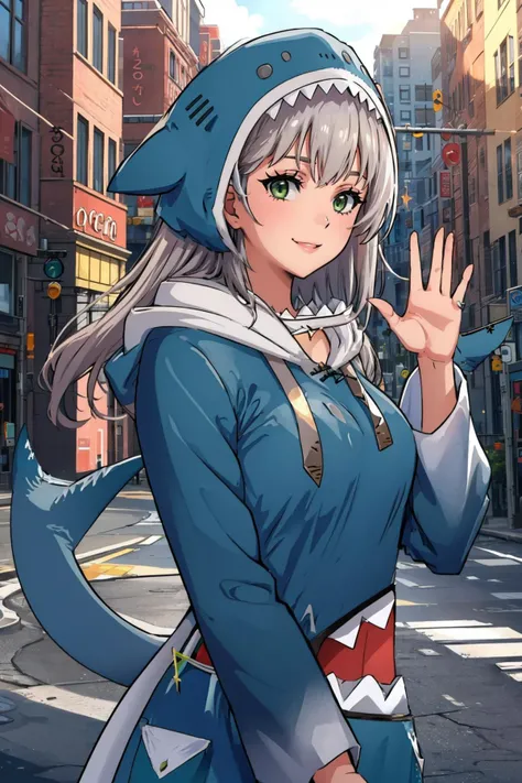 masterpiece, best quality, <lora:otakoGuraCos-20:1> ggcosplay, hood up, shark tail <lora:elie-nvwls-v2-zero:0.8> elie macdowell, green eyes, city street, smile, upper body, waving