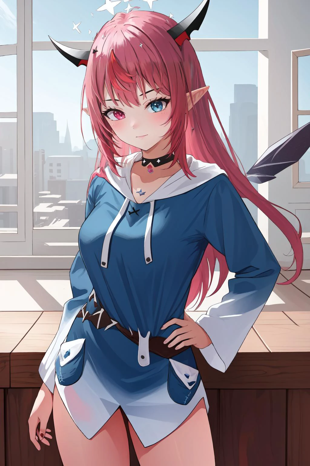 (masterpiece, best quality),  intricate details,
1girl,   <lora:KitsuneAi-Irys-LoCon32-V2:0.8> irys \(hololive\), long hair, heterochromia, pointy ears, horns,wings, halo, irys, red|pink hair, irys \(hololive\), heterochromia, horns, black bow,  choker
 <lora:otakoGuraCos-20:1> ggcosplay 
hands on hips, smug,