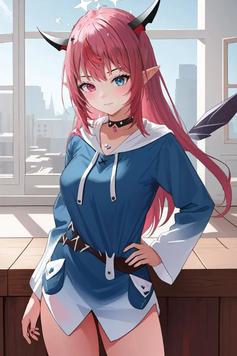 (masterpiece, best quality),  intricate details,
1girl,   <lora:KitsuneAi-Irys-LoCon32-V2:0.8> irys \(ho****ve\), long hair, heterochromia, pointy ears, horns,wings, halo, irys, red|pink hair, irys \(ho****ve\), heterochromia, horns, black bow,  choker
 <lora:otakoGuraCos-20:1> ggcosplay 
hands on hips, smug,