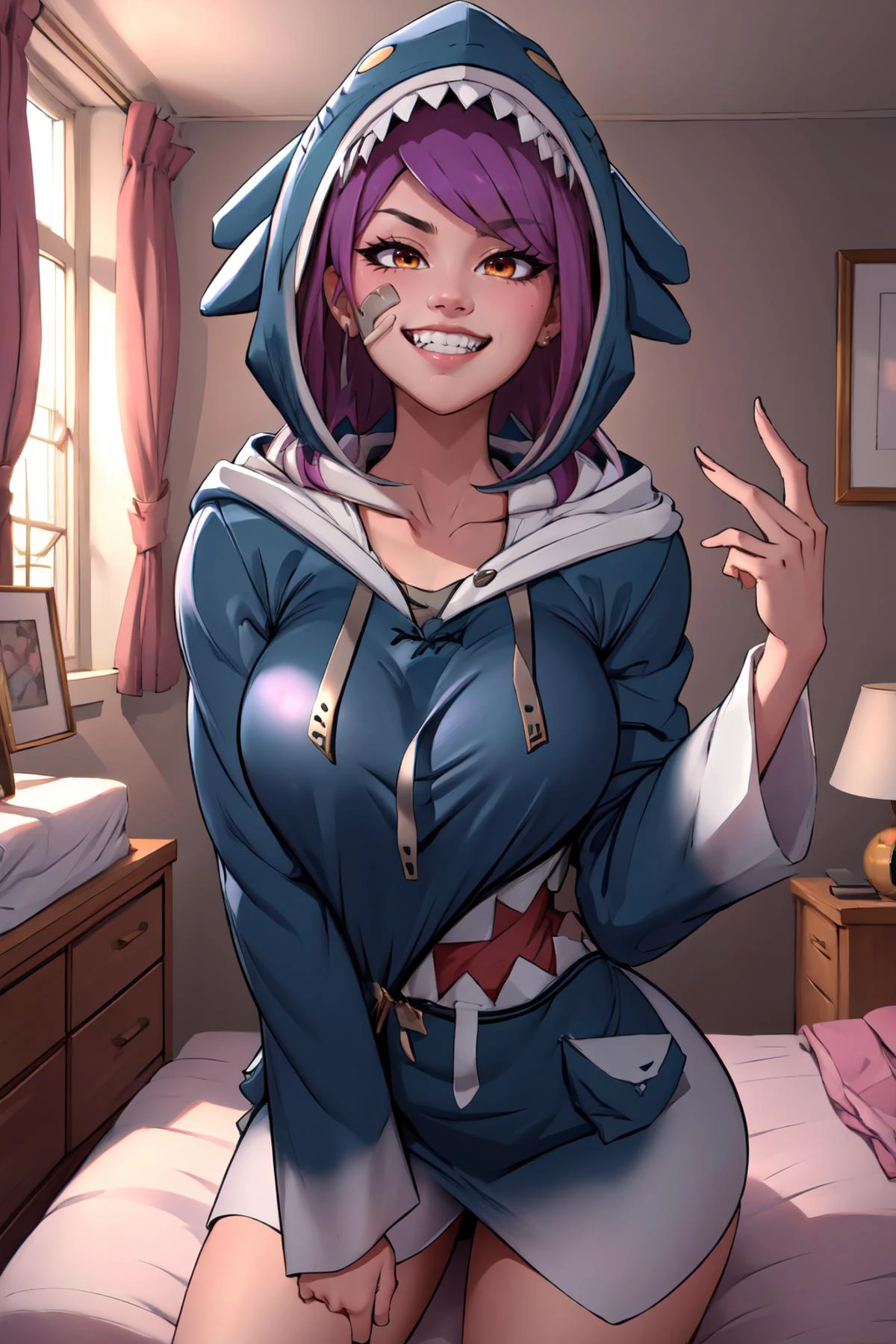 (masterpiece,best quality,absurdres),bedroom, ggcosplay,sharp teeth,leahAirisubaka,hood up,bandaid on cheek,grin <lora:LeahAirisubaka_V2-Manityro-dadapt:0.8> <lora:otakoGuraCos:1>