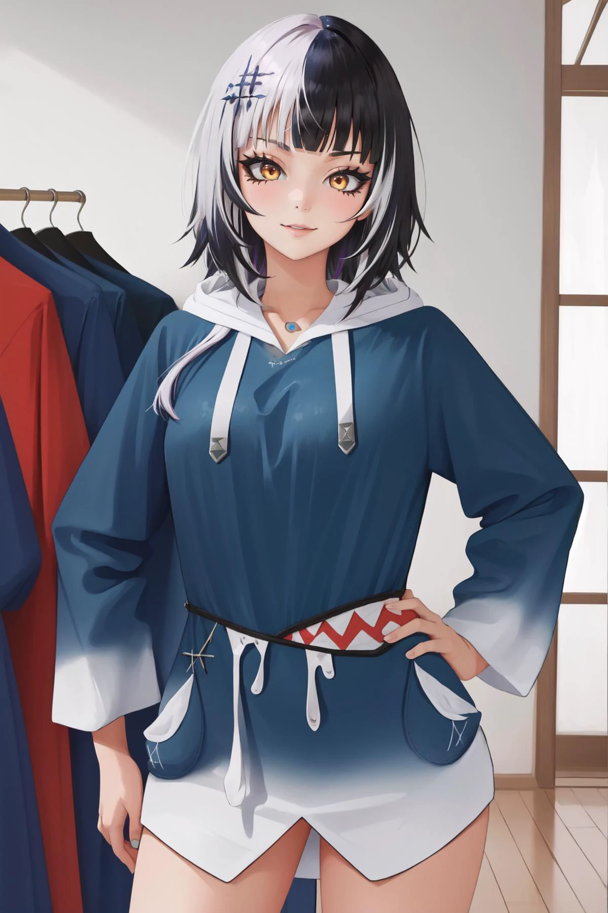 (masterpiece, best quality), intricate details,
1girl, <lora:shiori4:0.8> shiori novella, two-tone hair, multicolored hair, split-color hair
<lora:otakoGuraCos-20:1> ggcosplay , blue hoodie,
hands on hips, smug,