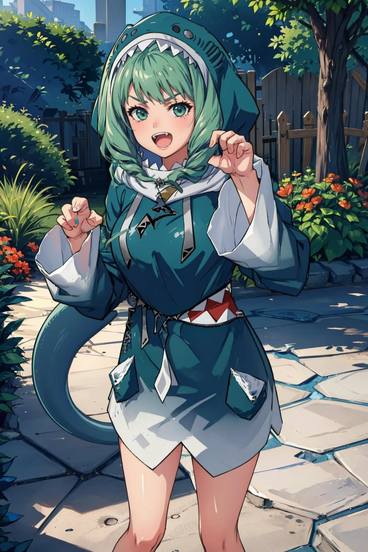 masterpiece, best quality, <lora:otakoGuraCos-20:1> ggcosplay, sharp teeth, hood up, shark tail, shark girl <lora:flayn-nvwls-v1-final:0.9> flayn, furrowed brow, :D, garden, standing, paw pose