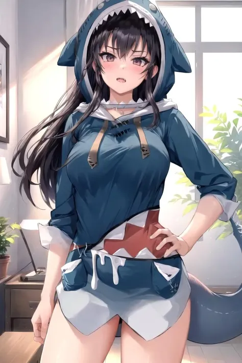 (highly detailed:1.3),
ggcosplay, ayra fe, 1girl, solo, long hair,blush, medium breasts, indoors, standing, thighs, hand up, hand on hip, looking at viewer, , sharp teeth, hood up, shark tail, shark girl,
Ultra-detail,(highres:1.1),best quality,(masterpiece:1.3), cinematic lighting, <lora:otakoGuraCos:1>, <lora:Ayra_FE:0.8>