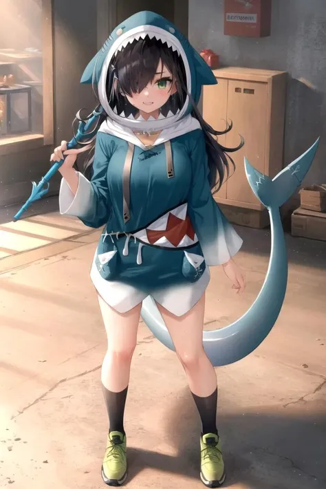 (highly detailed:1.3),
ggcosplay, 1girl, solo, long hair, looking at viewer, black hair, hair between eyes, green eyes, standing, full body, sweat, shoes, teeth, socks, hair over one eye, wavy mouth, trembling, sharp teeth, polearm, black socks, messy hair, sneakers, hood up, drawstring, bags under eyes, holding trident, green footwear, shark tail, shark girl,
Ultra-detail,(highres:1.1),best quality,(masterpiece:1.3), cinematic lighting, <lora:otakoGuraCos:1>