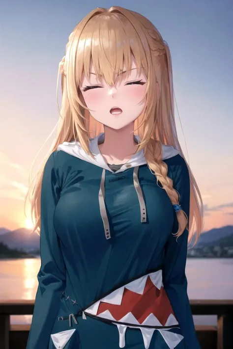 (highly detailed:1.3),
closed eyes, long hair blonde, bangs, open mouth, upper body, v-shaped eyebrows, braid, =_=, hair between eyes, ggcosplay, long sleeves, sunset, scenery,
Ultra-detail,(highres:1.1),best quality,(masterpiece:1.3), cinematic lighting, <lora:otakoGuraCos:1>