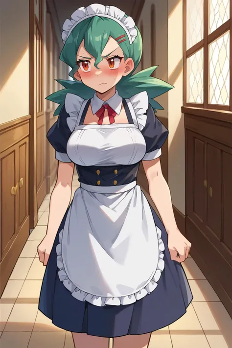 score_9, score_8_up, score_7_up, score_6_up, source_anime, BREAK 1girl, solo <lora:pkmnjenny-pdxl-nvwls-v1-000005:1> pkmnJenny, green hair, medium breasts, maid headdress, maid dress, apron, annoyed, blush, indoors, mansion, hallway