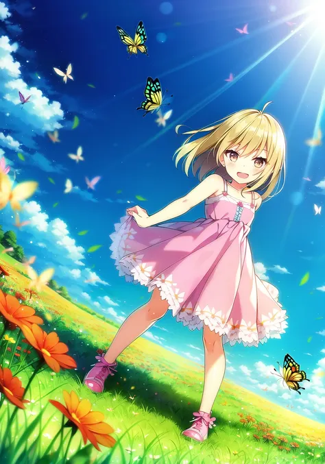 little girl
pretty
skipping
wildflowers
laughter
sunshine
golden hair
sparkling eyes
pink dress
twirling
tall grass
butterflies
joy
happiness
dutch angle
<lora:ruruImitaion_v10:1>
