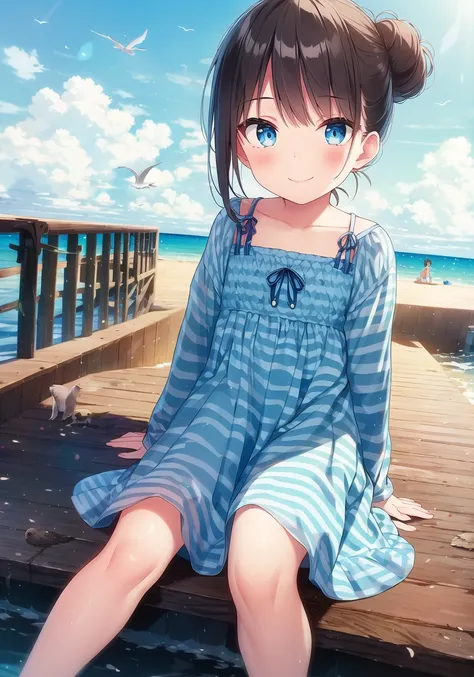 The little girl sat on the edge of the dock, her feet dangling in the cool water. Her hair was pulled back in a messy bun, and her eyes were fixed on the horizon. She wore a blue and white striped dress that flowed in the gentle breeze, and a big smile lit up her face. A seagull perched on a nearby piling, watching her with curiosity. The world was quiet and peaceful, as if time had stopped just for this moment, and the little girl seemed to be the only one who existed in it. <lora:ruruImitaion_v10:0.8>