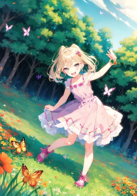 little girl
pretty
skipping
wildflowers
laughter
sunshine
golden hair
sparkling eyes
pink dress
twirling
tall grass
butterflies
joy
happiness
dutch angle
 <lora:ruruImitaion_v10:1>
