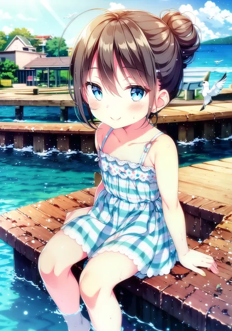 The little girl sat on the edge of the dock, her feet dangling in the cool water. Her hair was pulled back in a messy bun, and her eyes were fixed on the horizon. She wore a blue and white striped dress that flowed in the gentle breeze, and a big smile lit up her face. A seagull perched on a nearby piling, watching her with curiosity. The world was quiet and peaceful, as if time had stopped just for this moment, and the little girl seemed to be the only one who existed in it. <lora:ruruImitaion_v10:1>