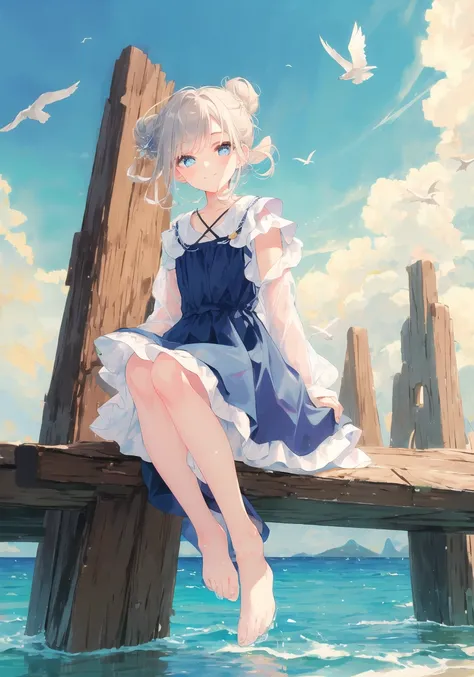 The little girl sat on the edge of the dock, her feet dangling in the cool water. Her hair was pulled back in a messy bun, and her eyes were fixed on the horizon. She wore a blue and white striped dress that flowed in the gentle breeze, and a big smile lit up her face. A seagull perched on a nearby piling, watching her with curiosity. The world was quiet and peaceful, as if time had stopped just for this moment, and the little girl seemed to be the only one who existed in it. <lora:ruruImitaion_v10:1>