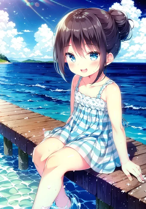 The little girl sat on the edge of the dock, her feet dangling in the cool water. Her hair was pulled back in a messy bun, and her eyes were fixed on the horizon. She wore a blue and white striped dress that flowed in the gentle breeze, and a big smile lit up her face. A seagull perched on a nearby piling, watching her with curiosity. The world was quiet and peaceful, as if time had stopped just for this moment, and the little girl seemed to be the only one who existed in it. <lora:ruruImitaion_v10:1>