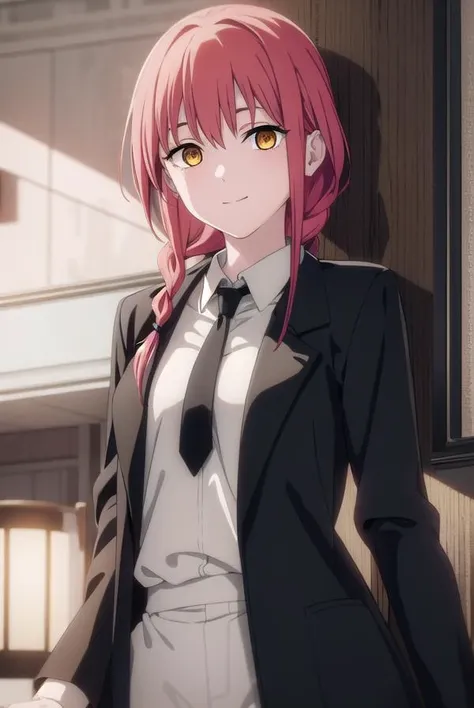 makima, <lora:chainsaw makima s1-lora-nochekaiser:1>,  
makima, long hair, smile, bangs, small breasts, (yellow eyes:1.2), braid, red hair, braided ponytail, ringed eyes, 
BREAK  shirt, long sleeves, jacket, white shirt, necktie, collared shirt, pants, black jacket, black pants, formal, suit, black necktie, shirt tucked in, office lady, 
BREAK indoors, office,
BREAK looking at viewer,
BREAK <lyco:GoodHands-beta2:1>, (masterpiece:1.2), best quality, high resolution, unity 8k wallpaper, (illustration:0.8), (beautiful detailed eyes:1.6), extremely detailed face, perfect lighting, extremely detailed CG, (perfect hands, perfect anatomy),