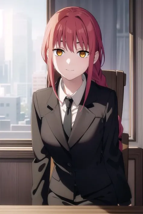 makima, <lora:chainsaw makima s1-lora-nochekaiser:1>,
makima, long hair, smile, bangs, small breasts, (yellow eyes:1.2), braid, red hair, braided ponytail, ringed eyes,
BREAK shirt, long sleeves, jacket, white shirt, necktie, collared shirt, pants, black jacket, black pants, formal, suit, black necktie, shirt tucked in, office lady,
BREAK indoors, office,
BREAK looking at viewer,
BREAK <lyco:GoodHands-beta2:1>, (masterpiece:1.2), best quality, high resolution, unity 8k wallpaper, (illustration:0.8), (beautiful detailed eyes:1.6), extremely detailed face, perfect lighting, extremely detailed CG, (perfect hands, perfect anatomy),