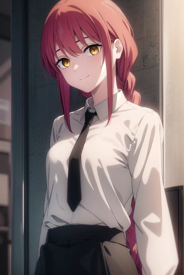 makima, <lora:chainsaw makima s1-lora-nochekaiser:1>,
makima, long hair, smile, bangs, small breasts, (yellow eyes:1.2), braid, red hair, braided ponytail, ringed eyes,
BREAK shirt, long sleeves, white shirt, necktie, collared shirt, pants, black pants, formal, suit, black necktie, shirt tucked in, office lady,
BREAK indoors, office,
BREAK looking at viewer,
BREAK <lyco:GoodHands-beta2:1>, (masterpiece:1.2), best quality, high resolution, unity 8k wallpaper, (illustration:0.8), (beautiful detailed eyes:1.6), extremely detailed face, perfect lighting, extremely detailed CG, (perfect hands, perfect anatomy),