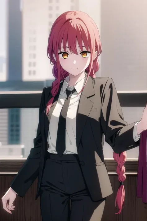 makima, <lora:chainsaw makima s1-lora-nochekaiser:1>,
makima, long hair, smile, bangs, small breasts, (yellow eyes:1.2), braid, red hair, braided ponytail, ringed eyes,
BREAK shirt, long sleeves, jacket, white shirt, necktie, collared shirt, pants, black jacket, black pants, formal, suit, black necktie, shirt tucked in, office lady,
BREAK indoors, office,
BREAK looking at viewer,
BREAK <lyco:GoodHands-beta2:1>, (masterpiece:1.2), best quality, high resolution, unity 8k wallpaper, (illustration:0.8), (beautiful detailed eyes:1.6), extremely detailed face, perfect lighting, extremely detailed CG, (perfect hands, perfect anatomy),