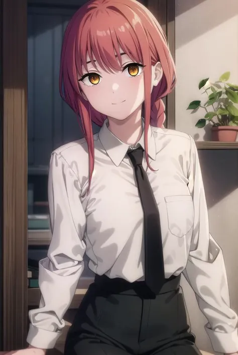 makima, <lora:chainsaw makima s1-lora-nochekaiser:1>,
makima, long hair, smile, bangs, small breasts, (yellow eyes:1.2), braid, red hair, braided ponytail, ringed eyes,
BREAK shirt, long sleeves, white shirt, necktie, collared shirt, pants, black pants, formal, suit, black necktie, shirt tucked in, office lady,
BREAK indoors, office,
BREAK looking at viewer,
BREAK <lyco:GoodHands-beta2:1>, (masterpiece:1.2), best quality, high resolution, unity 8k wallpaper, (illustration:0.8), (beautiful detailed eyes:1.6), extremely detailed face, perfect lighting, extremely detailed CG, (perfect hands, perfect anatomy),