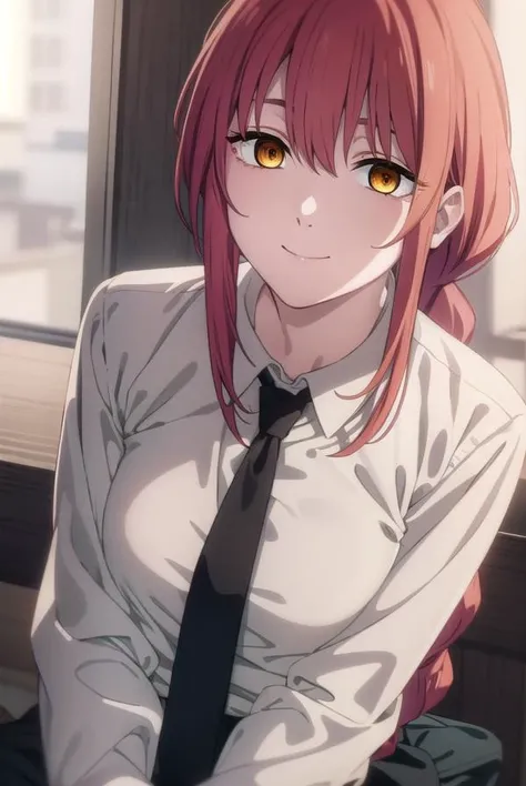 makima, <lora:chainsaw makima s1-lora-nochekaiser:1>,
makima, long hair, smile, bangs, small breasts, (yellow eyes:1.2), braid, red hair, braided ponytail, ringed eyes,
BREAK shirt, long sleeves, white shirt, necktie, collared shirt, pants, black pants, formal, suit, black necktie, shirt tucked in, office lady,
BREAK indoors, office,
BREAK looking at viewer,
BREAK <lyco:GoodHands-beta2:1>, (masterpiece:1.2), best quality, high resolution, unity 8k wallpaper, (illustration:0.8), (beautiful detailed eyes:1.6), extremely detailed face, perfect lighting, extremely detailed CG, (perfect hands, perfect anatomy),