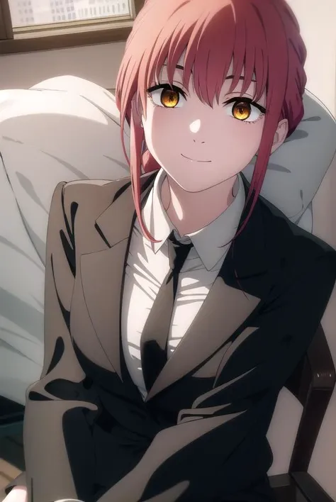 makima, <lora:chainsaw makima s1-lora-nochekaiser:1>,
makima, long hair, smile, bangs, small breasts, (yellow eyes:1.2), braid, red hair, braided ponytail, ringed eyes,
BREAK shirt, long sleeves, jacket, white shirt, necktie, collared shirt, pants, black jacket, black pants, formal, suit, black necktie, shirt tucked in, office lady,
BREAK indoors, office,
BREAK looking at viewer,
BREAK <lyco:GoodHands-beta2:1>, (masterpiece:1.2), best quality, high resolution, unity 8k wallpaper, (illustration:0.8), (beautiful detailed eyes:1.6), extremely detailed face, perfect lighting, extremely detailed CG, (perfect hands, perfect anatomy),