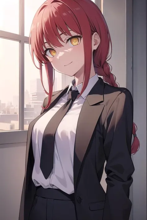 makima, <lora:chainsawmakima:1>, makima, long hair, smile, bangs, small breasts, (yellow eyes:1.2), braid, red hair, braided ponytail, ringed eyes, BREAK shirt, long sleeves, jacket, white shirt, necktie, collared shirt, pants, black jacket, black pants, formal, suit, black necktie, shirt tucked in, office lady, BREAK indoors, office, BREAK looking at viewer, BREAK <lora:GoodHands-vanilla:1>, (masterpiece:1.2), best quality, high resolution, unity 8k wallpaper, (illustration:0.8), (beautiful detailed eyes:1.6), extremely detailed face, perfect lighting, extremely detailed CG, (perfect hands, perfect anatomy),